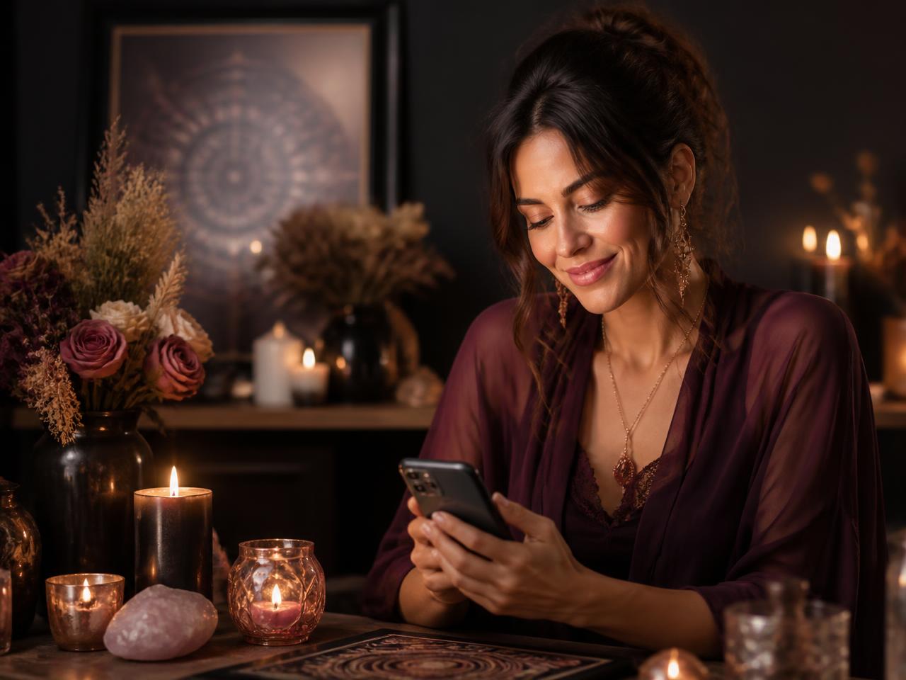 Mujer con el móvil junto a velas y una mesa espiritual con luz cálida