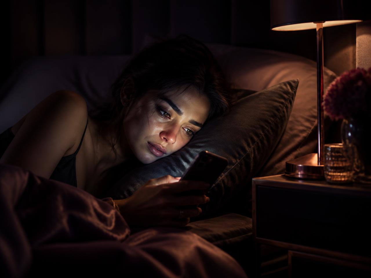 Mujer de noche mirando el móvil esperando una respuesta