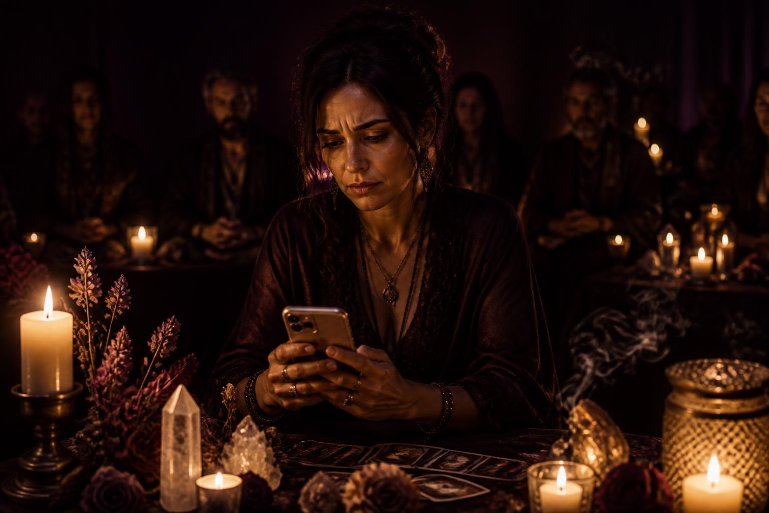 Mujer mirando el móvil junto a una mesa espiritual con velas, cartas y cuarzos, con maestros y maestras al fondo
