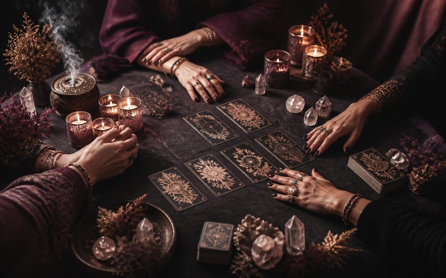 Mesa de consulta con varios maestros y maestras, velas, cartas y cuarzos